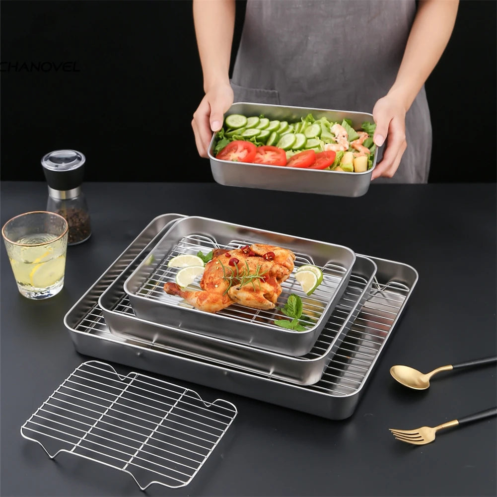 Stainless Steel Baking Pan Tray With Wire Rack Cake Baking BBQ Pan Tray Plate Oven Brownie Rack Kitchen Cooking Roasting Tool Qme