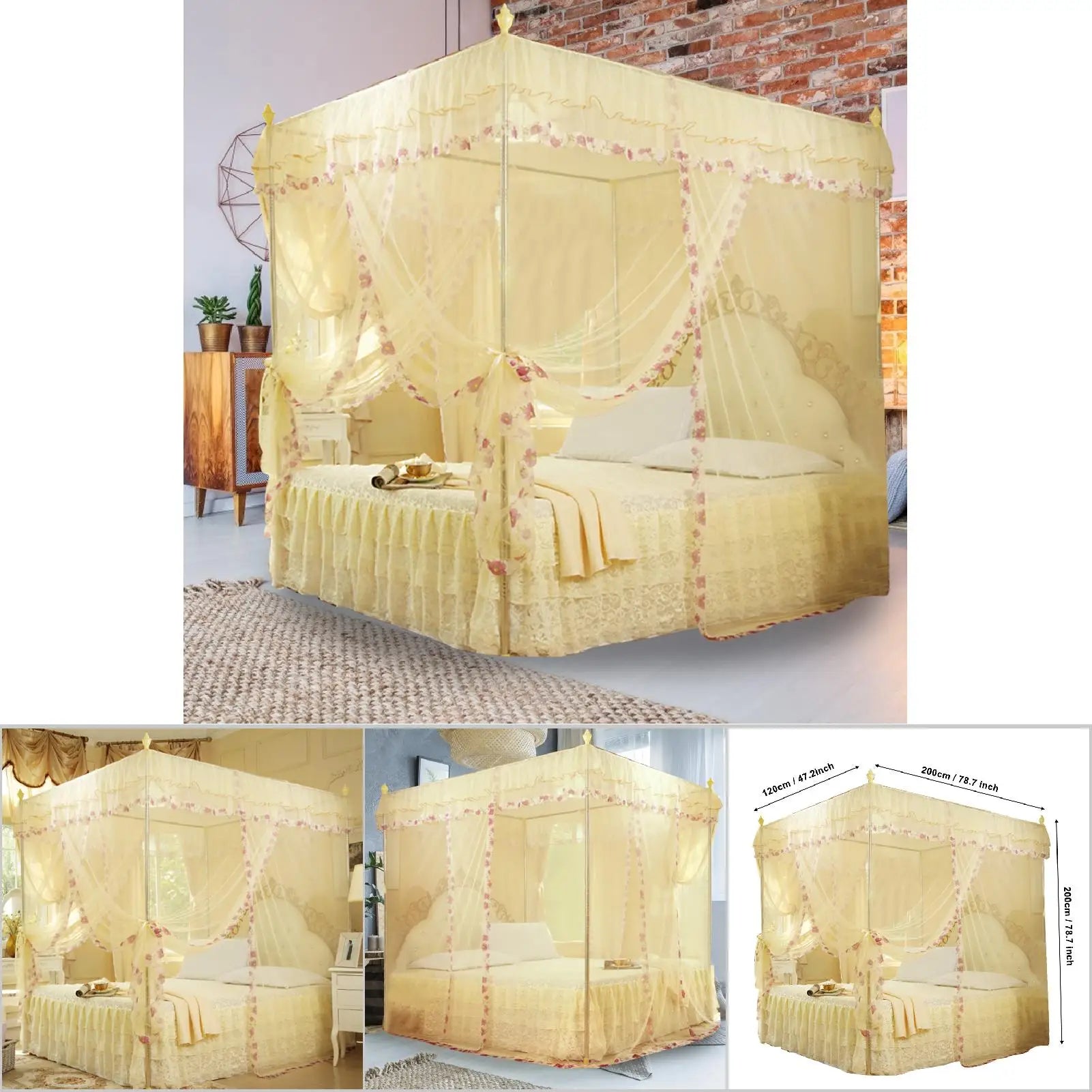 Luxury Lace Mosquito Net 3-Side Opening Design Soft Mesh Fabric Anti-Mosquito Bite Protection for Bedroom No Stand Included Qme