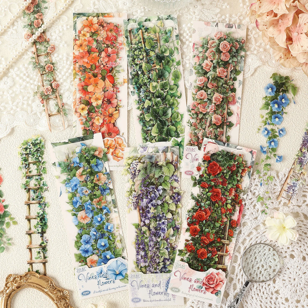 10 Pcs Vintage Rose Plant PET Sticker Pack for Junk Journal Scrapbooking Aesthetic Diary Deco School Account Stationery Stickers Qme