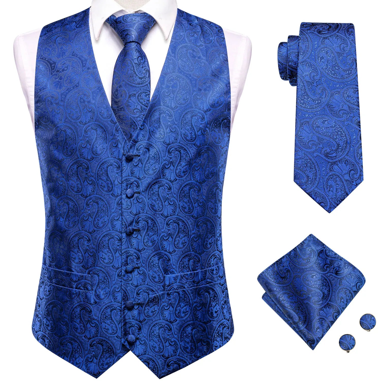 Mens Suit Vest Tie Hanky Cufflinks Jacquard Floral Paisley Waistcoat Qme MJ-3051 M