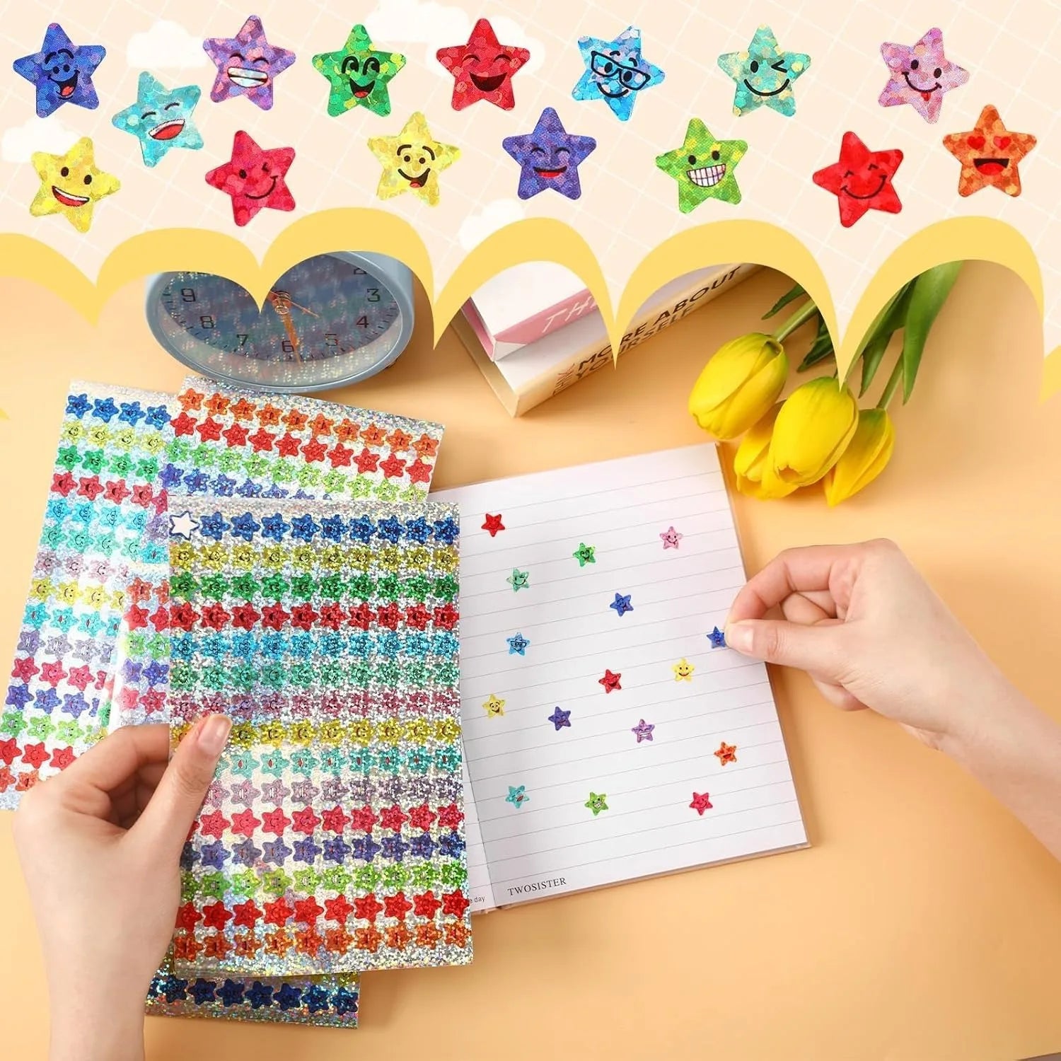 1500 Pcs Glitter Foil Small Star Stickers,15 Designs Happy Face Stickers,Suitable for DIY Handicrafts and Student Reward Prizes Qme