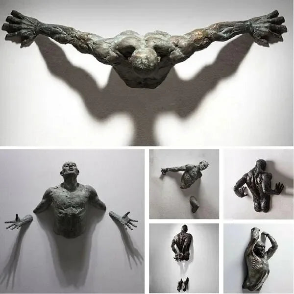 3D Through Wall Figure Sculpture Resin Electroplating Imitation Copper Abstract Character Ornament Statue Living Room Home Decor Qme