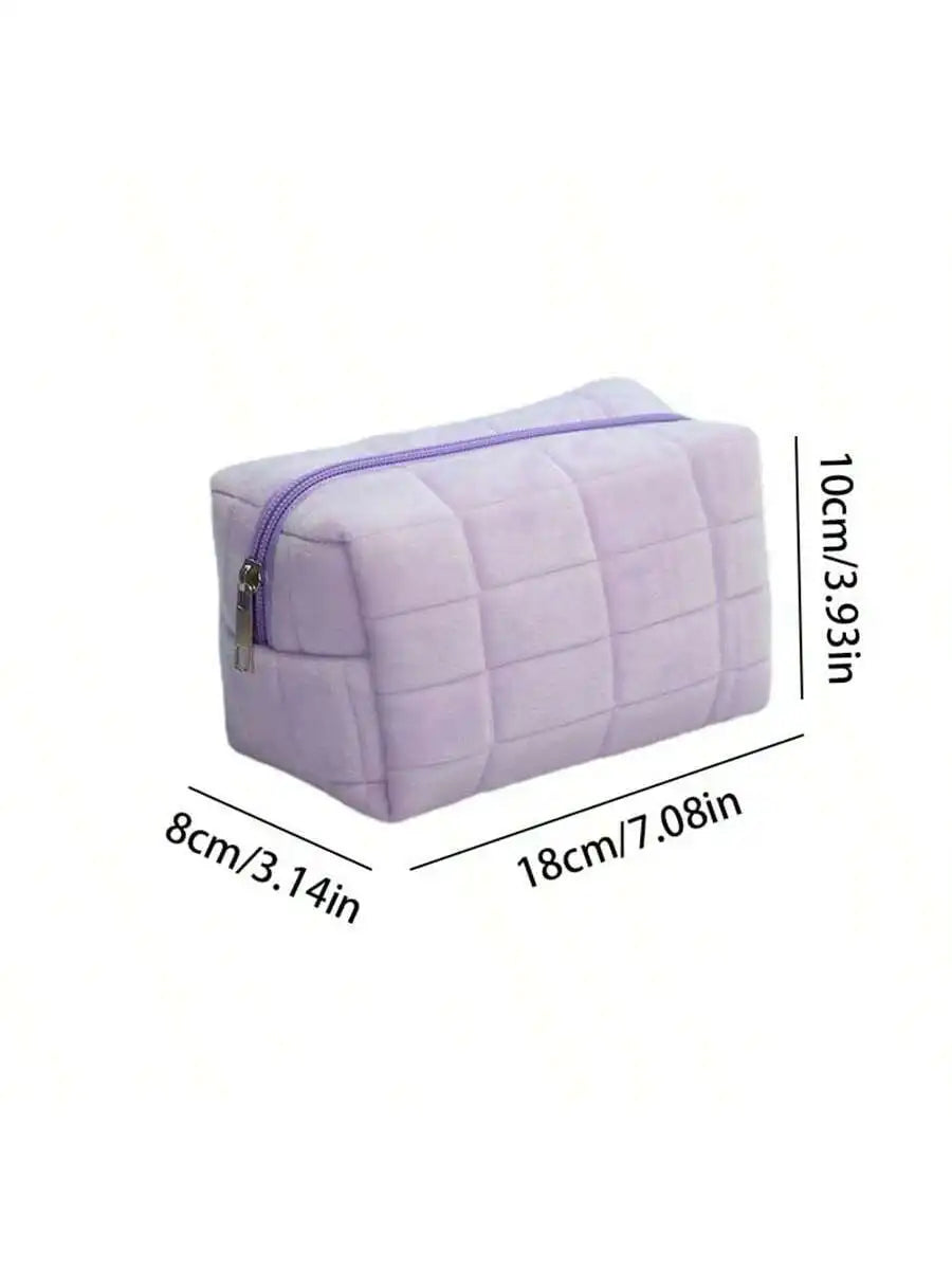 Checkered Pattern Makeup Bag Solid Plush Zipper Toiletries Storage Qme purple