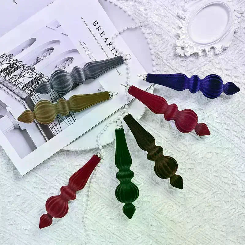 6Pcs Flocked Velvet Christmas Gourd Pendant Plastic Shatterproof Christmas Cone Ball Set Reusable Xmas Tree Hanging Ornaments Qme