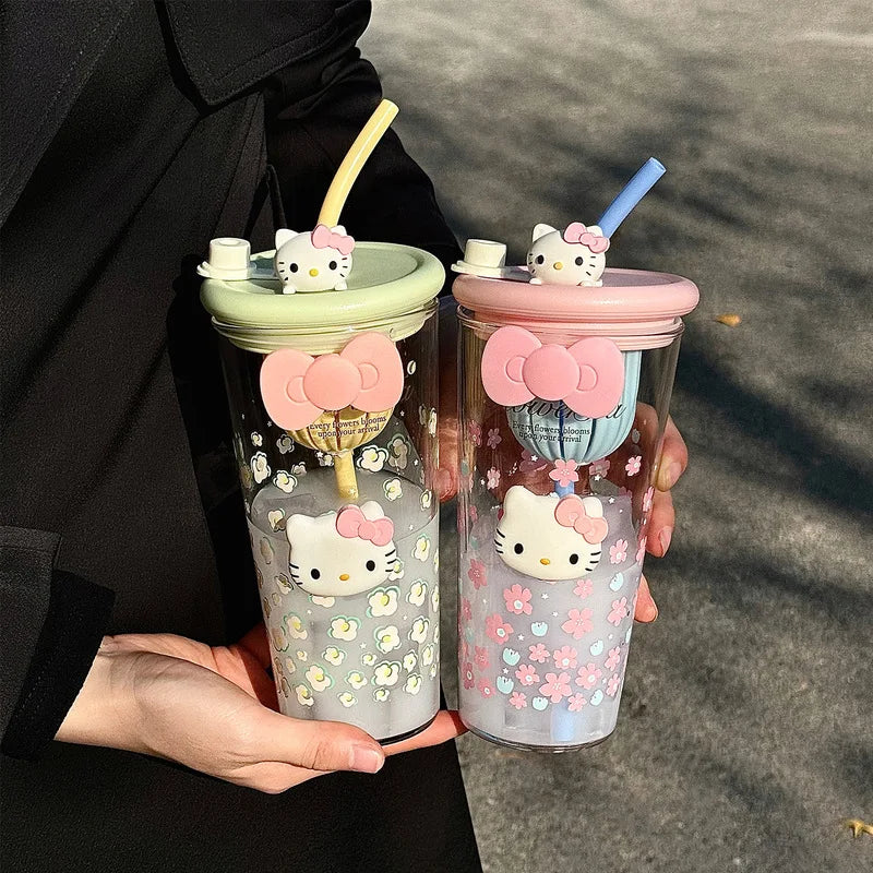 Hello Kitty-Style Cherry Blossom Glass Cup—Stylish for Women, Heat-Resistant Tea Cup, Large-Capacity Office Cup with Straw Qme