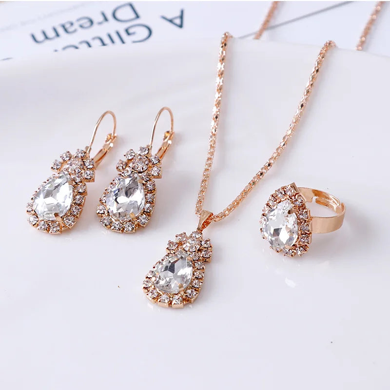 3ps Set Fashion Water Drop White Blue Red Purple Black Temperament Jewelry Sets for Party Women Pendant/Necklace/Earrings/Rings Qme white
