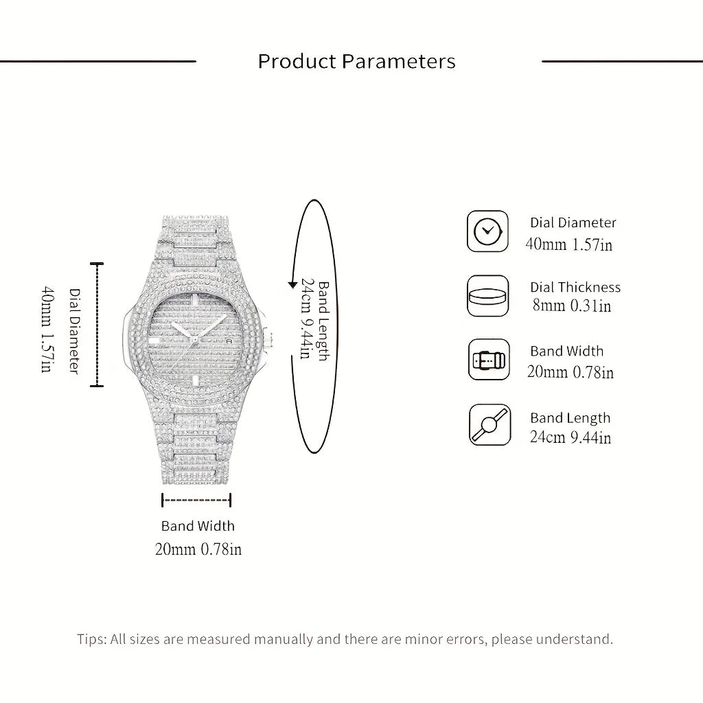 1pc Popular Hip Hop Full Artificial Diamond Avant-garde Quartz Men's Watch Trendy Brand Fashion Men's Watch Qme