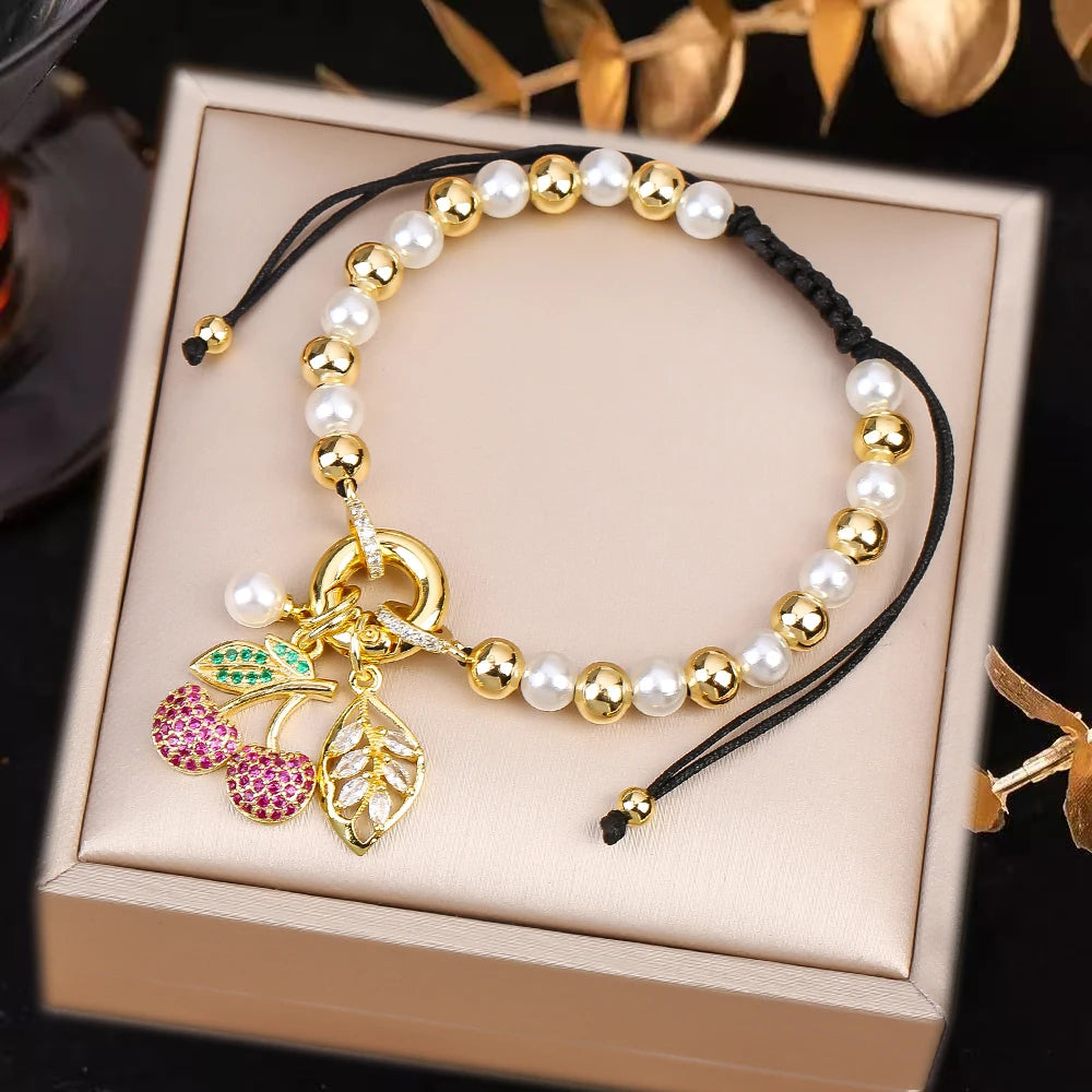High Quality Pearl Chain Braided Crystal Cherry Adjustable Rope Bracelet Charming For Woman Girl Party Jewelry Gift Daily Wear Qme H