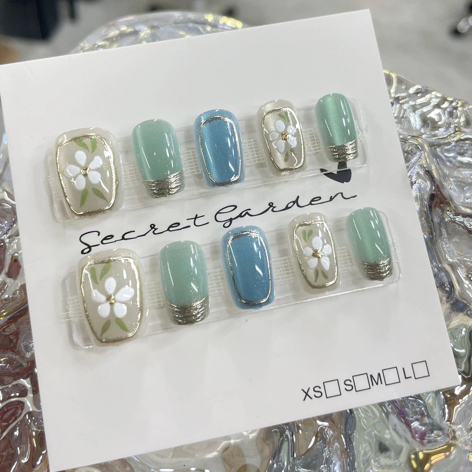 Dark Peacock Emerald Green Cat Eye Press Nails Short Square Flowers Qme GJ-CDJ-SP46-S