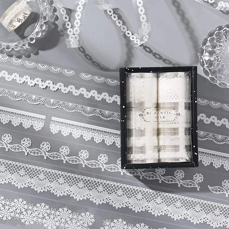 4 Rolls Black and white lace Washi Tape Set Decorative Scrapbppking Stickers Masking Tapes For DIY Planner Journal Stationery Qme B 4 rolls per box