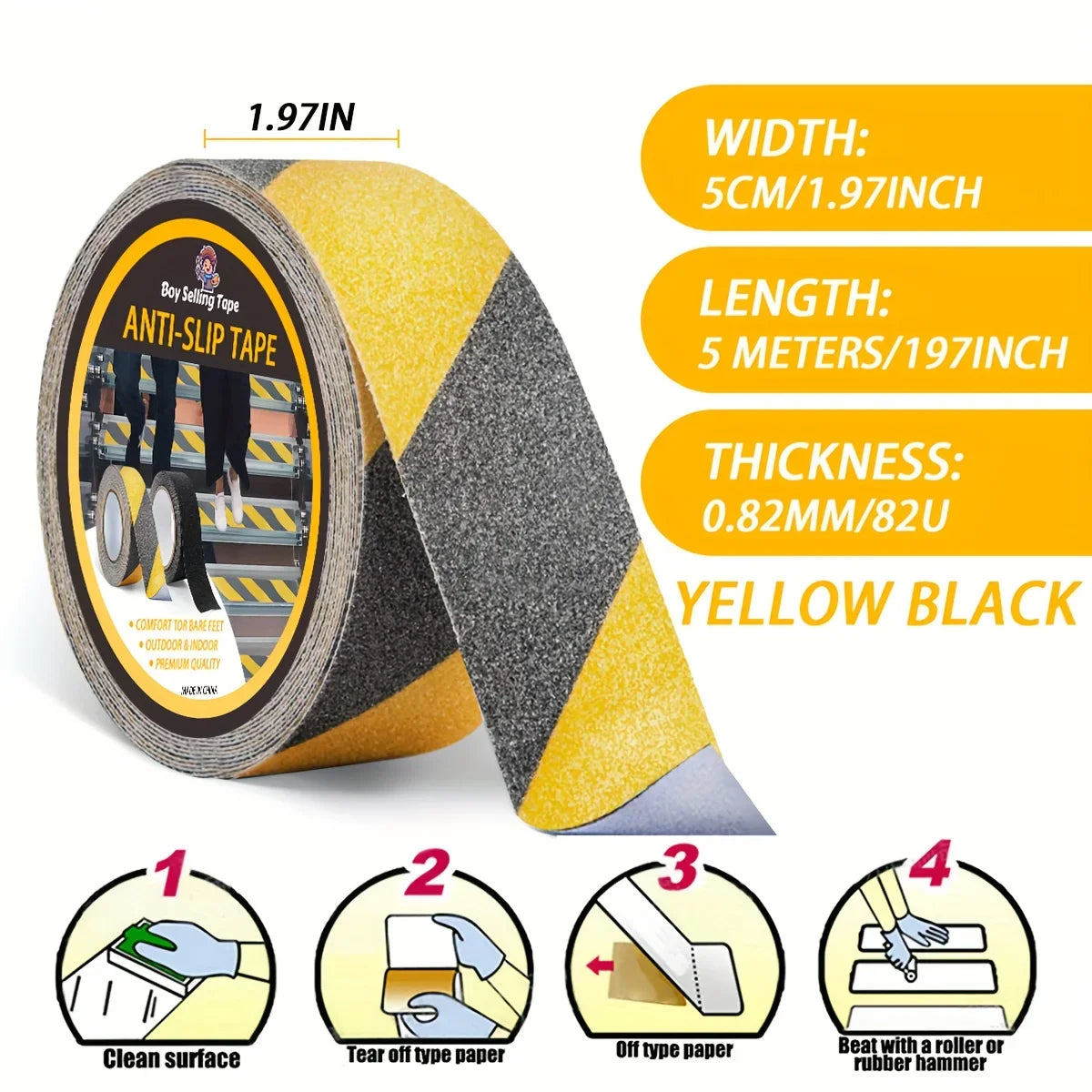 Anti Slip Safety Tape, Used for Anti Slip of Stairs and Steps, Strong Ground Grinding Tape (Yellow/Black) Hazard Warning Tape Qme Yellow Black 5cm 5m