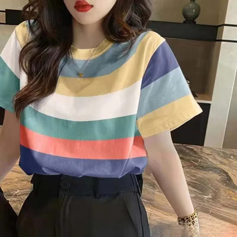 Summer Style Loose-fit Round Neck Short Sleeve Striped Pullover Casual Versatile Round Neck Slim Fit T-shirt Base Layer Shirt Qme