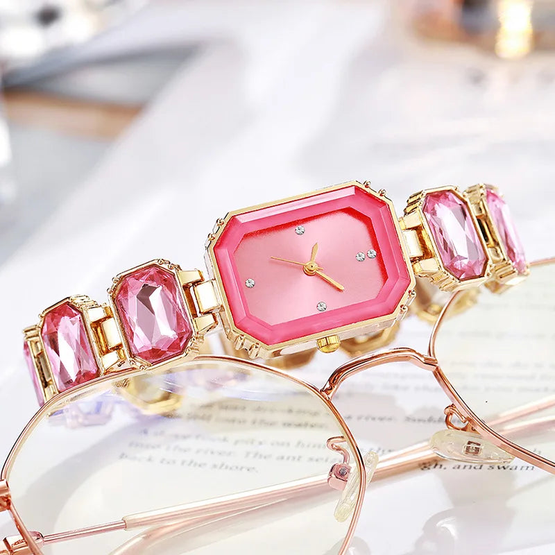Novo relógio de cerâmica feminino, relógio de quartzo quadrado compacto e versátil com pulseira fina Qme pink