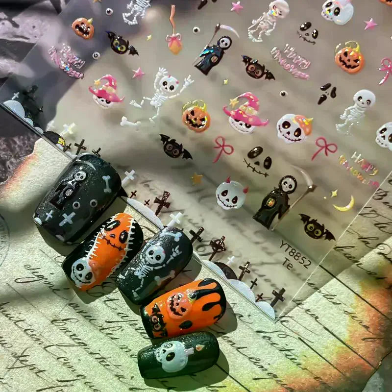 Halloween Nail Stickers Cute Star Moon Skeleton Pattern Decals Easy Qme