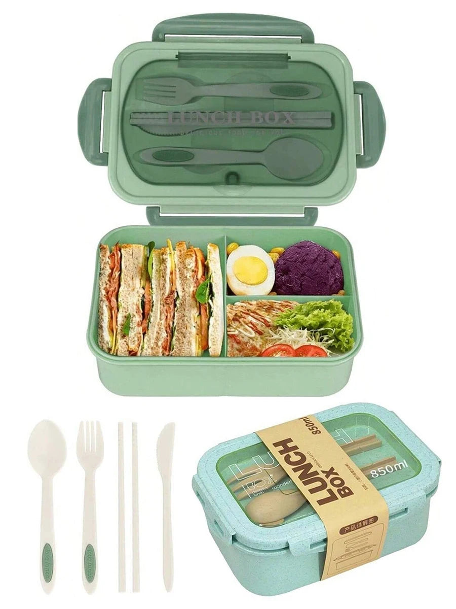 Lunch Box Two Compartments Built-in Cutlery Reusable Microwave Heated Qme green 2 2