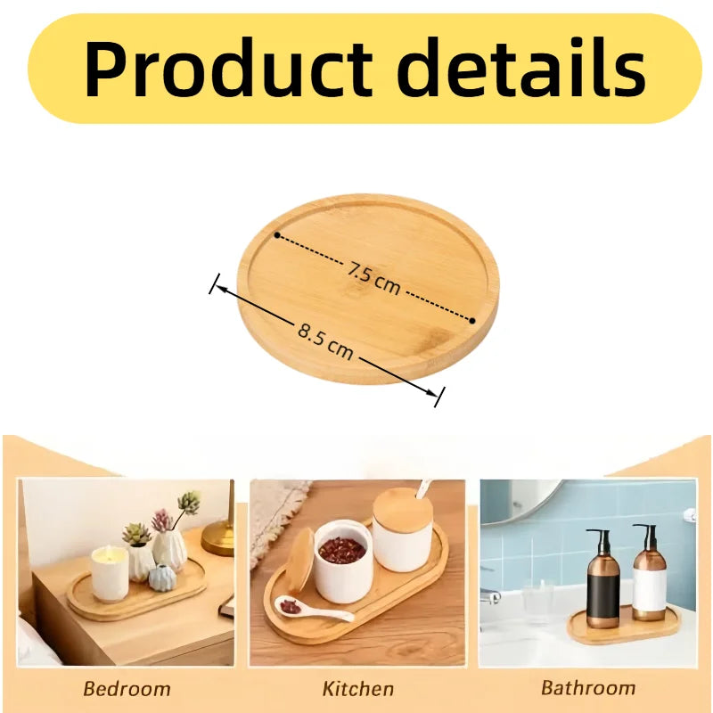 Eco-Friendly Bamboo Tray Non-Slip Multi-Functional Wood Saucer for Coffee Tea Dessert Snack Home Hotel Bathroom Living Room Qme Round
