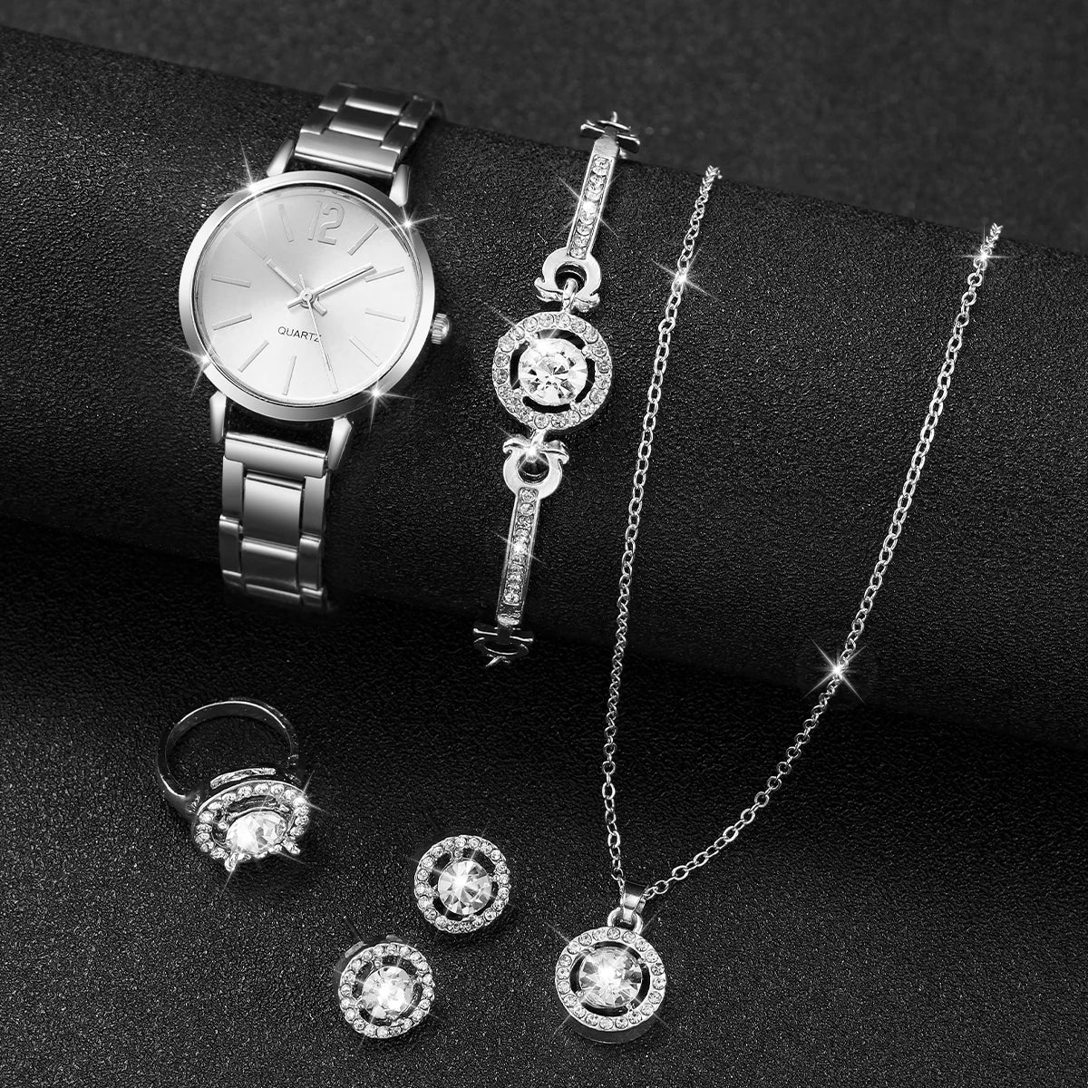 6 Pçs/set Mulheres Relógios Moda Banda de Aço Inoxidável Relógio de Quartzo Jóias de Diamante (Sem Caixa) Qme