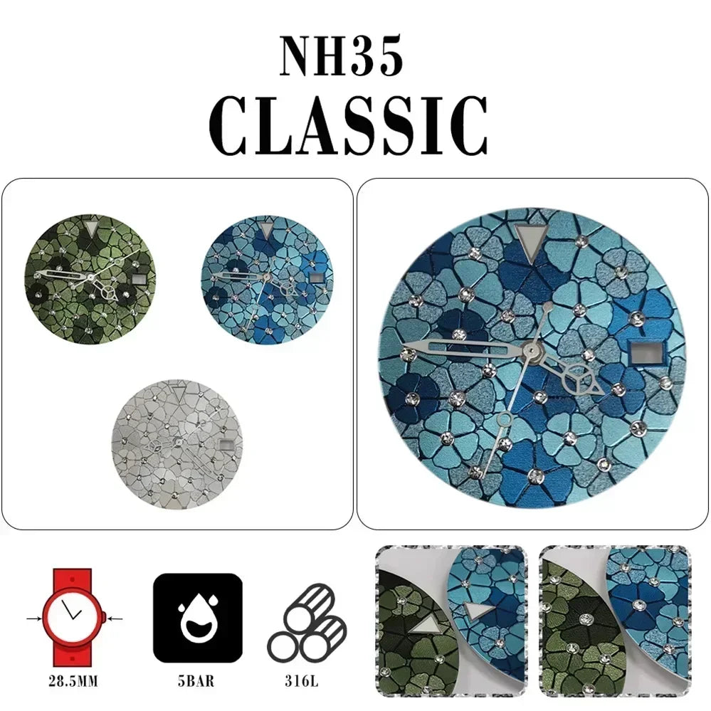 28.5mm Watch Faces Inlaid Watch Dial + Skeleton Hands for Men Women Watch Modification Accessories for NH35/NH36/4R/7S Movement Qme