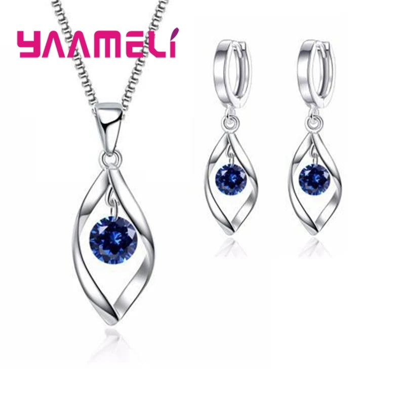 CZ Necklace Earring Bridal Jewelry Sets Wholesale S925 Sterling Silver Color Shining Cubic Zircon Water Drop Wedding Engagement Qme Blue