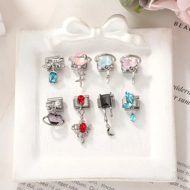 2026 New Shiny Zircon Candy Heart Star Bow Italian Charm Links Fit 9mm Stainless Steel Bracelet Women Jewelry DIY Making Gifts Qme
