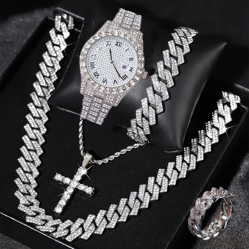 5pcs Men's Watch Set Hip Hop Full Diamond Quartz Watch Set Men's Business Quartz Watch Set Qme Silver