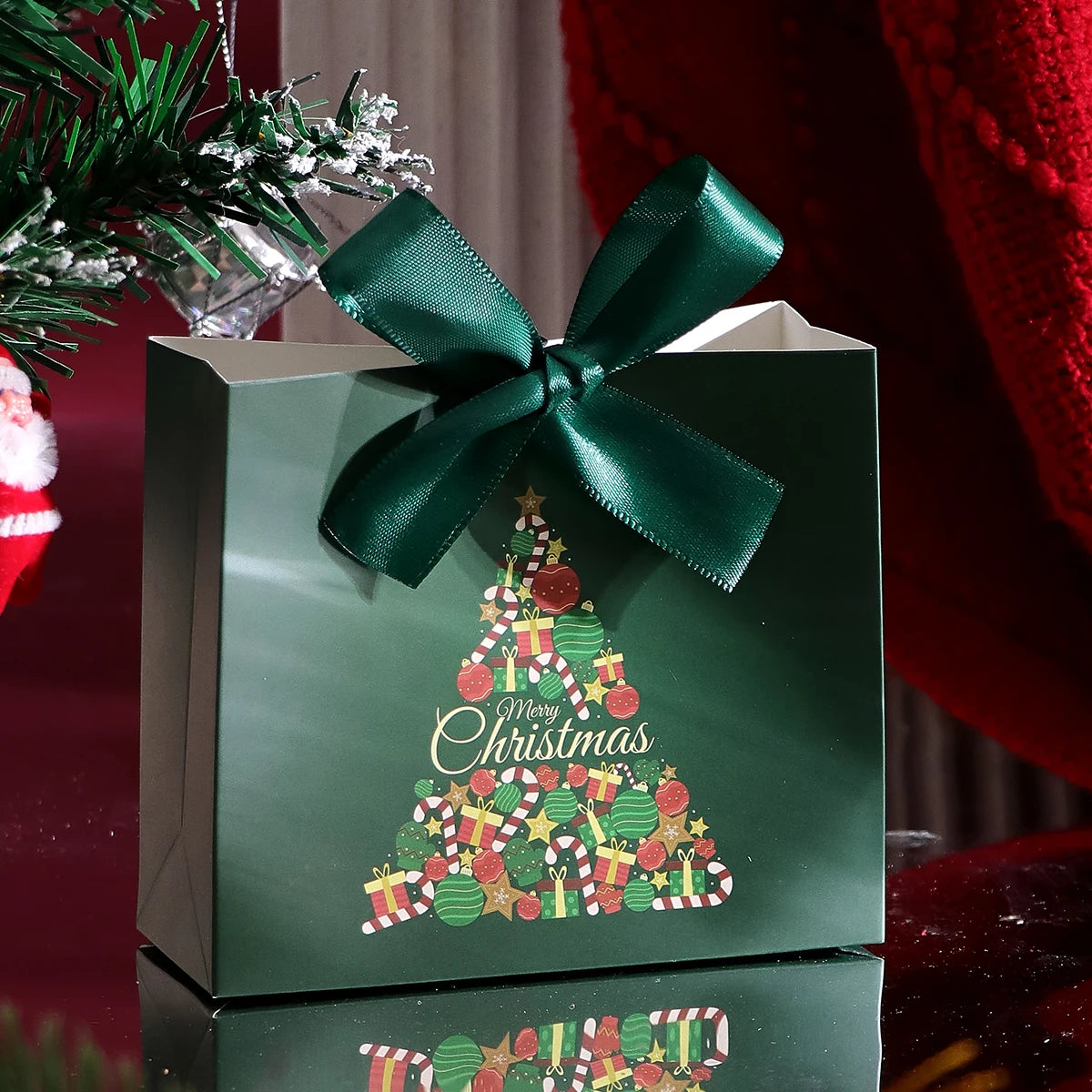 Pack of 10 Festive Christmas Mini Gift Bags with Ribbons - Colorful Design Featuring Christmas Tree, Santa and Merry Christmas W Qme Dark Green Other Other