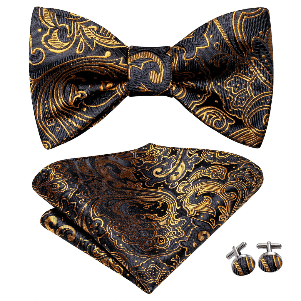 Hi-Tie Men's Bow Tie Handkerchief Cufflinks Set Paisley Jacquard Pattern Hand Tied Wedding Business Qme