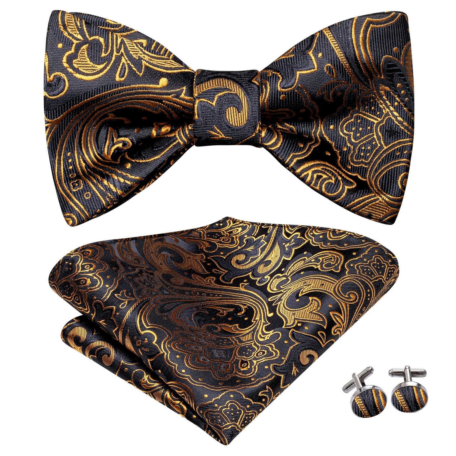 Hi-Tie Men's Bow Tie Handkerchief Cufflinks Set Paisley Jacquard Pattern Hand Tied Wedding Business Qme
