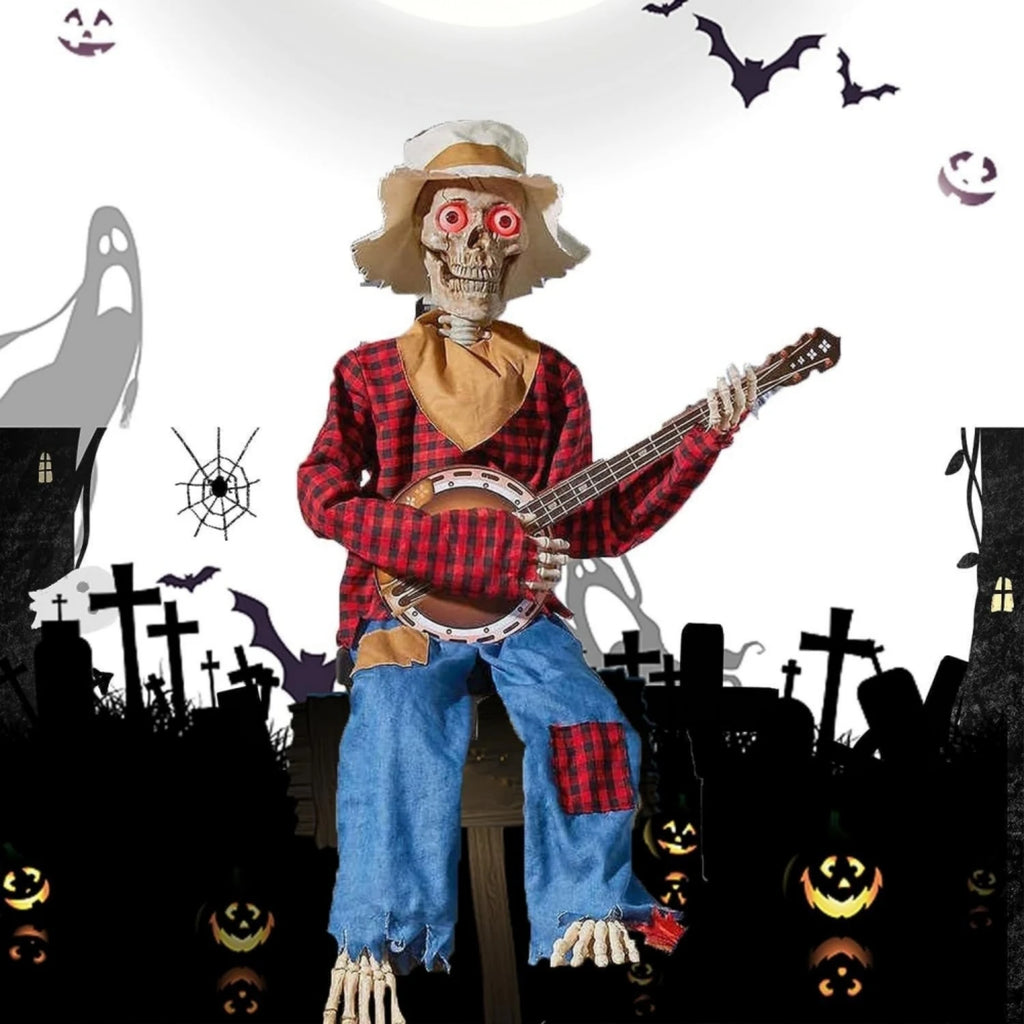 Animated Motion Sound Activated Musical Multi Lingual Banjo Skeletons Duo Halloween Fall Indoor Glowing Skeleton Skeleton Decor Qme