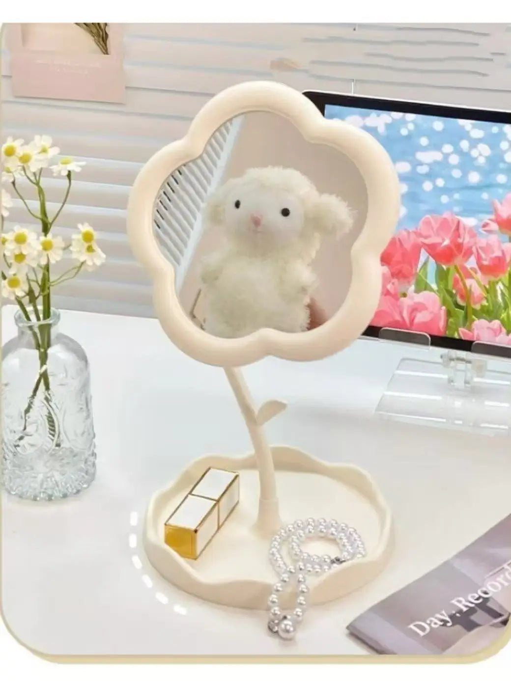 Stylish Floral Rotatable Cosmetic Mirror Lovely Dressing Storage Qme
