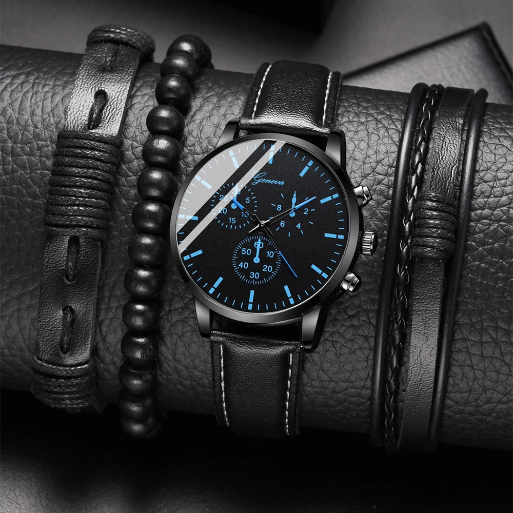 New Men's Watch Luxury Bracelet Set Multi Pieces Fashion Business Black Leather Quartz Watch Gift Box for Men Reno Masculino Qme G