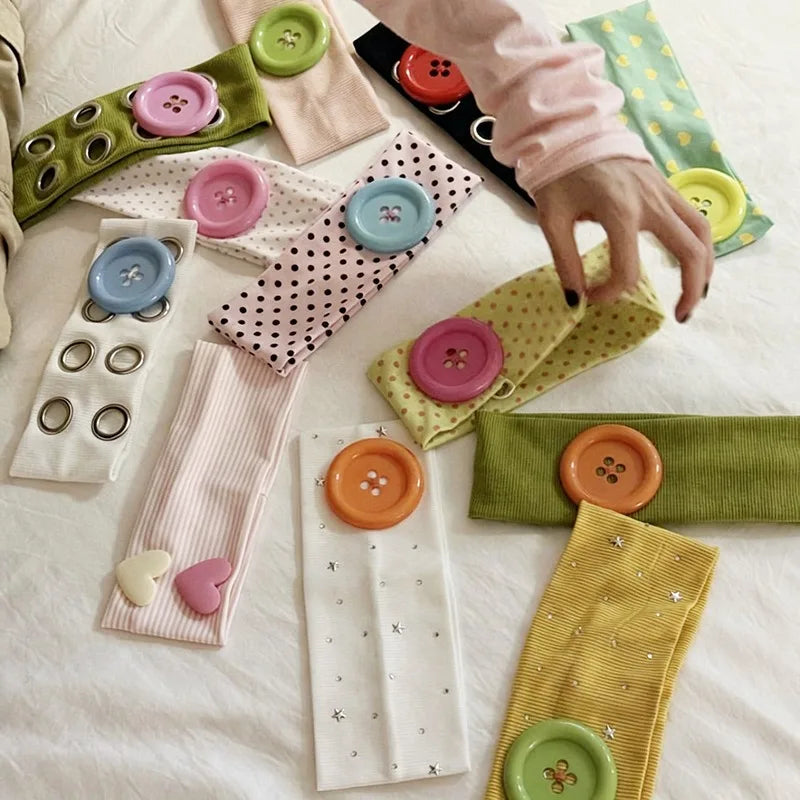 2026 Y2K Big Button Elastic Headband Sweet Cute Polka Dot Wide Yoga Hairband Dopamine Colorful Hair Accessories for Women Girls Qme