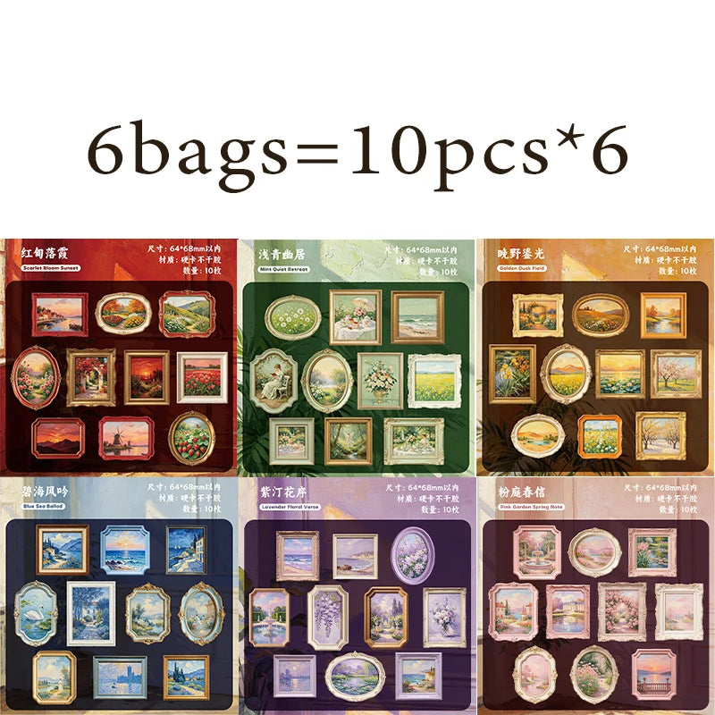 European Vintage Oil Painting Frame Stickers, Embossed Gold Rim Scenery Frames for Journal and Kuka Card Border Collage Qme ALL