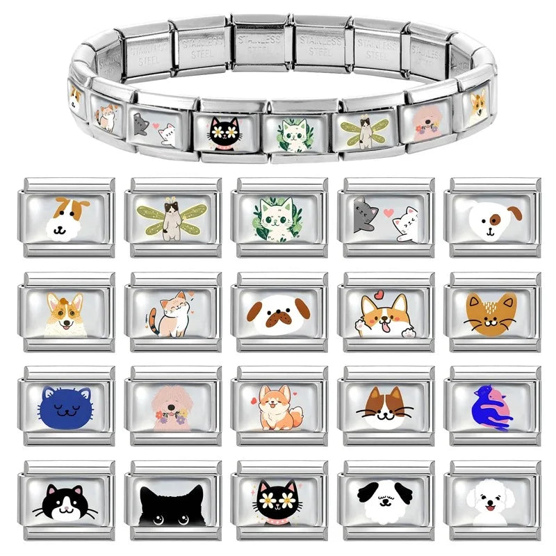 Fashion Kawaii Cute Dolphin Crab Cats Italian Charm Link Fit 9mm Bracelet Stainless Steel Jewelry DIY Making Gift for Women Girl Qme