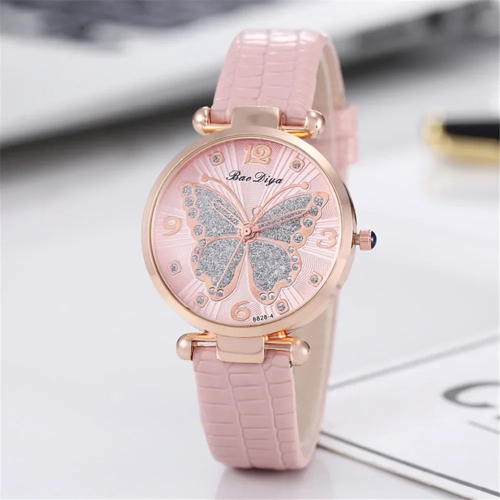 Casual Round Pointer Quartz Watch Cute Rhinestone Butterfly Pattern Dial Analog Dress Watch, Gift For Women Girls Qme