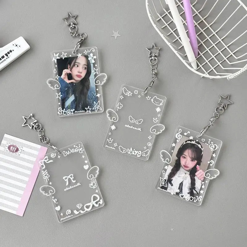 Clear Acrylic Photocard Holder Adorable Wing Print Star Keychain Portable for Fans Backpack Hanging Decor Gift Qme