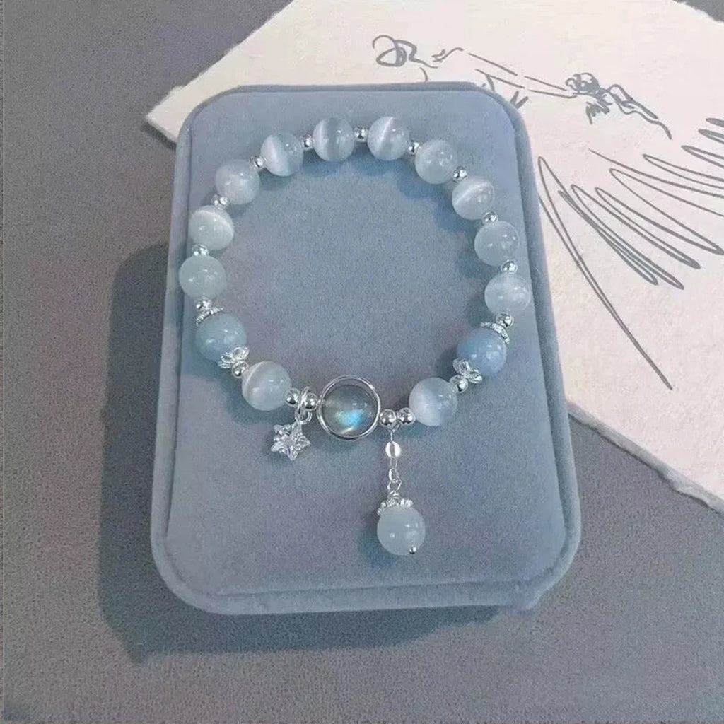 Unique Dreamy Blue Moonstone Cat Eye Pendant Crystal Bead Bracelet Qme