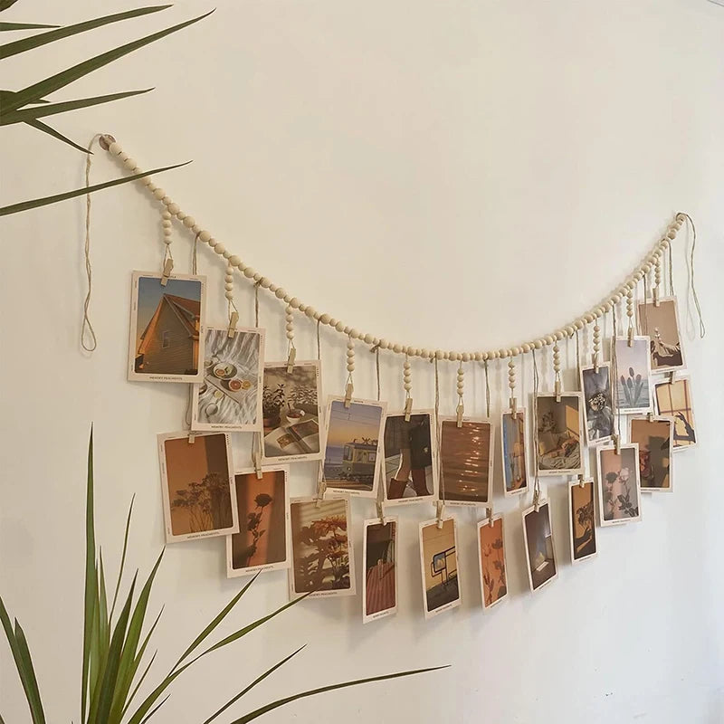 Photo Display Wall Hanging Decor Boho Home Decoration Wooden Beads Qme
