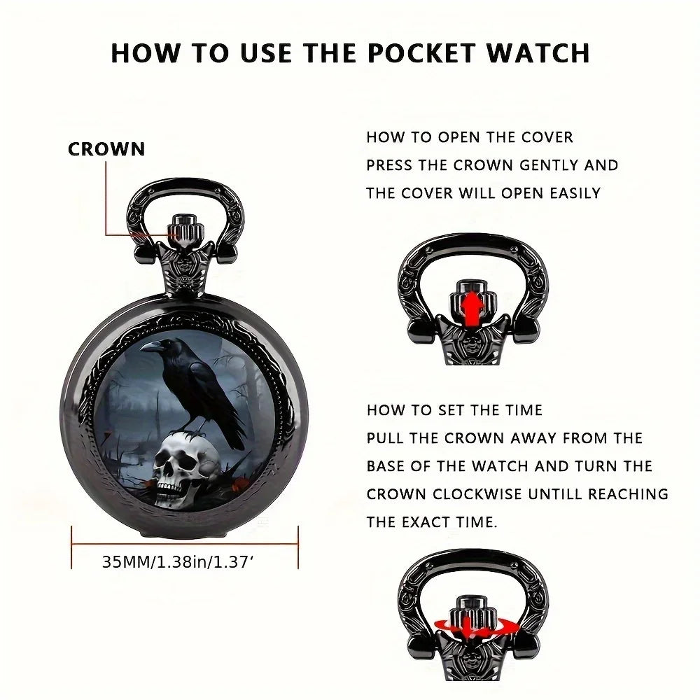 Vintage Gothic Crow & Skull Pattern Design,with Black Chain, Quartz Movement, Mini Size Retro Pocket for Halloween Gift Qme