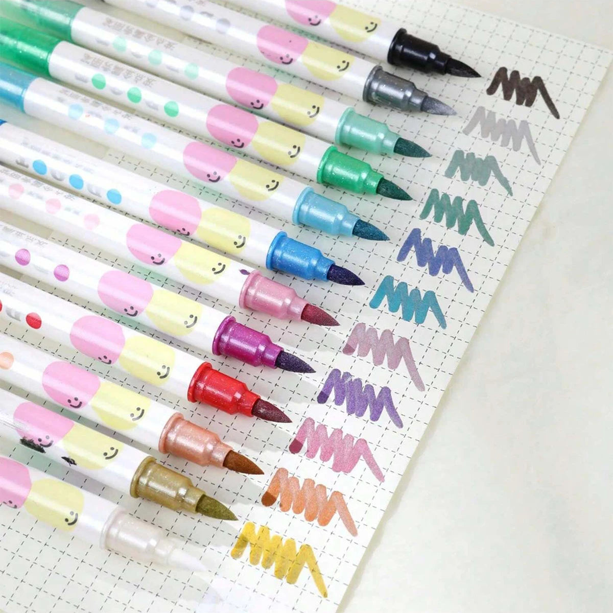 12 Colors Kawaii Double Tips Wave Dot Metallic Highlighter Marker Pens DIY Scrapbook Painting Stationery School Office Supplies Qme