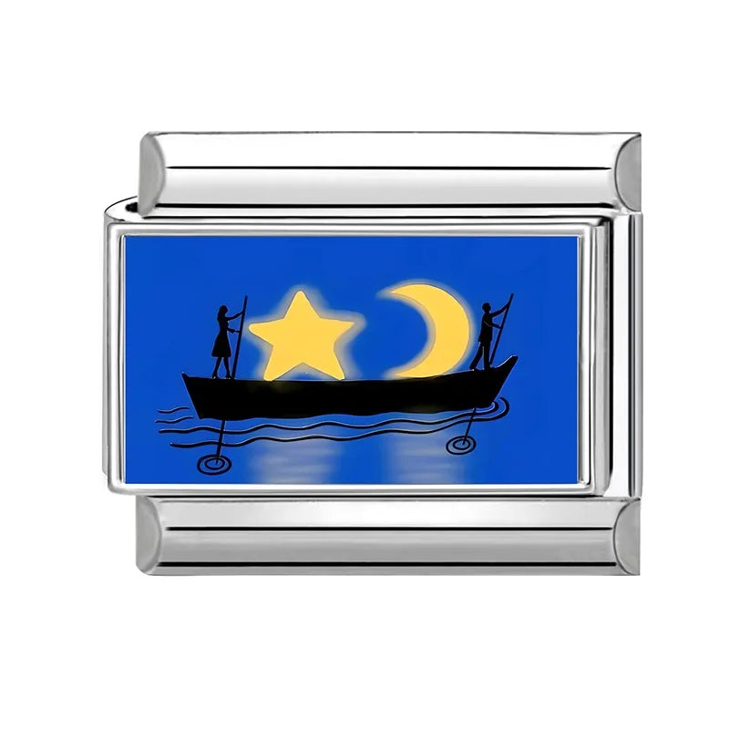 Y2K Blue Night Sky Stars Cloud Italian Charm Link Fit Stainless Steel