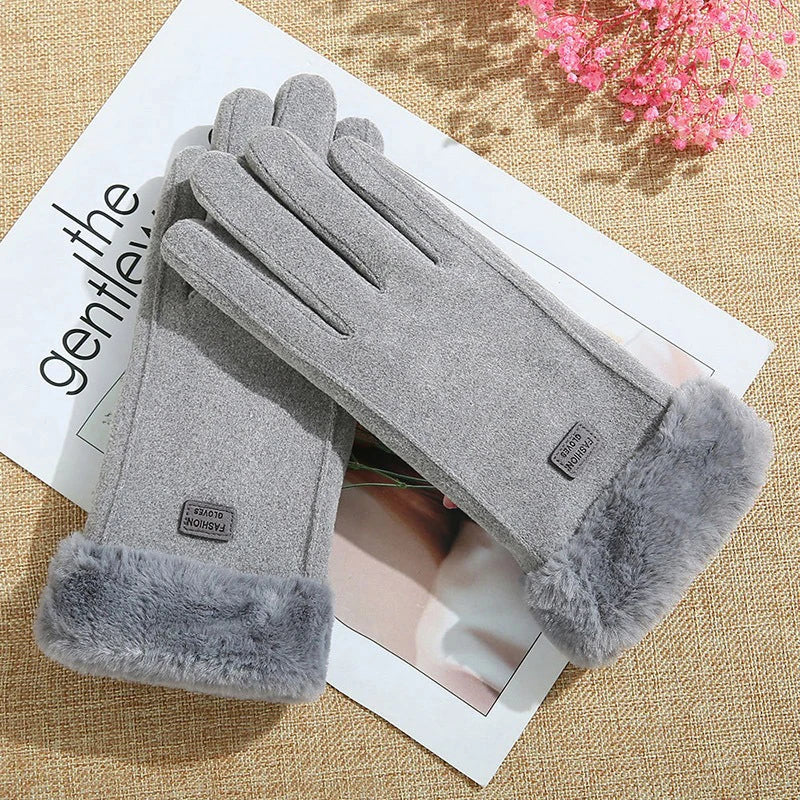 Autumn Winter Warm Suede Gloves Velvet Thickened Plush Decor Cuff Qme Grey