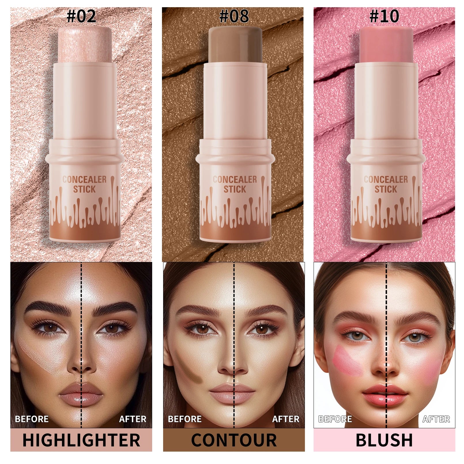Contour Sticks, Highlighter Stick, Blush Stick, 3-Piece Cream Contour Set Including Contour Brush, Creates Facial Contours Qme