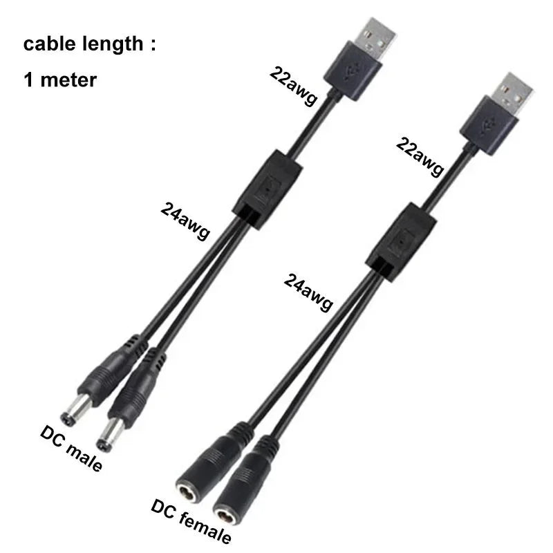 3pcs USB 2.0 male to 2 way DC male Female Male Splitter Cable 22awg 3A plug 5.5x2.5mm Power supply Cord adapter Connector Qme