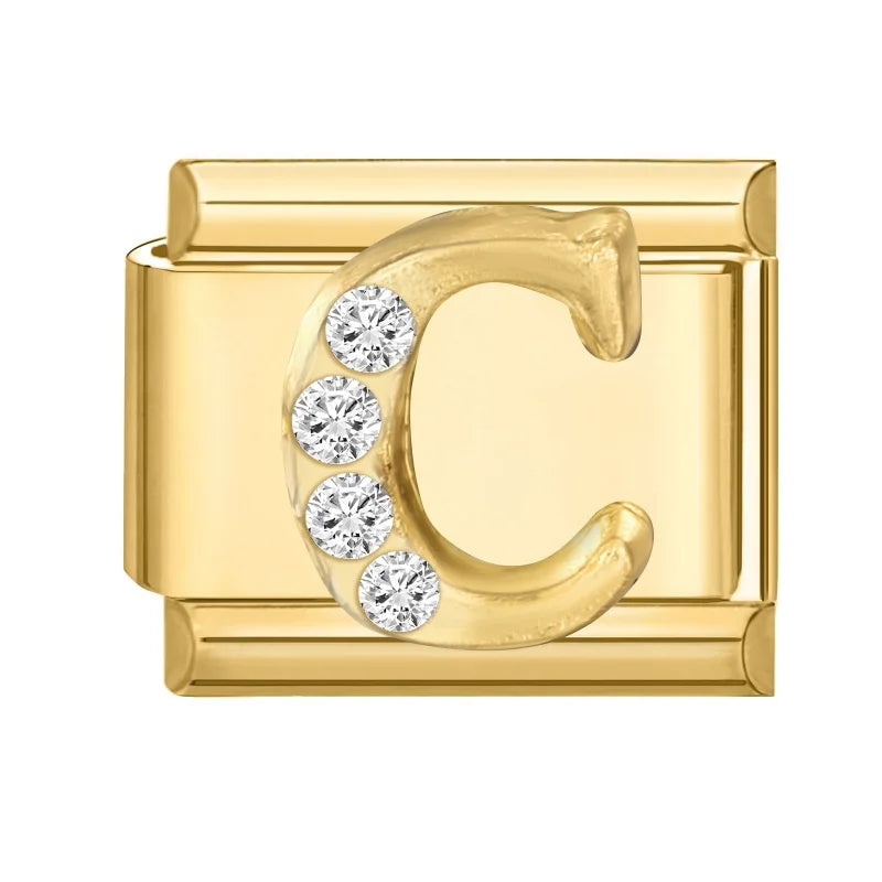 Wholesale Shiny CZ 26 Letters A-Z Gold Color Italian Charms Gold Plated 9mm Stainless Steel Modular Bracelet DIY Jewelry Gift Qme C