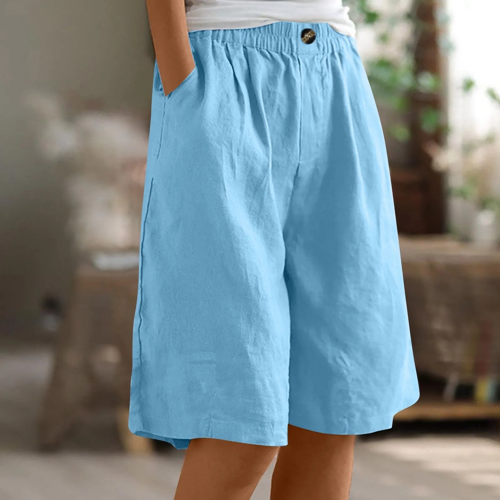 Female Fashion Solid Color Elastic High Waist Pocket Button Up Loose Cotton Linen Five Length Shorts Summer Soft Comfort Pants Qme Sky Blue S