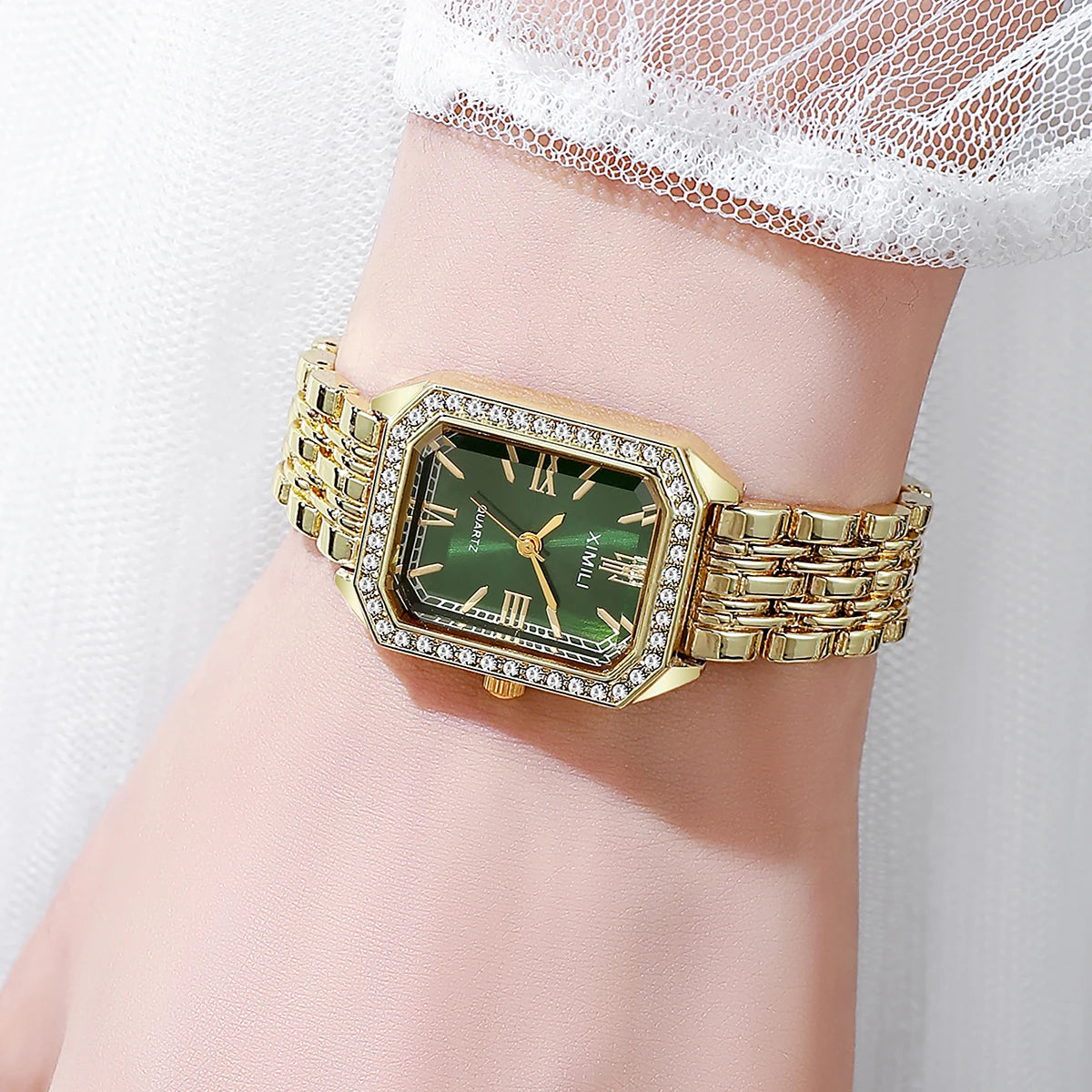 Luxo strass relógios femininos moda retângulo pulseira relógio de pulso de quartzo para meninas reloj mujer Qme