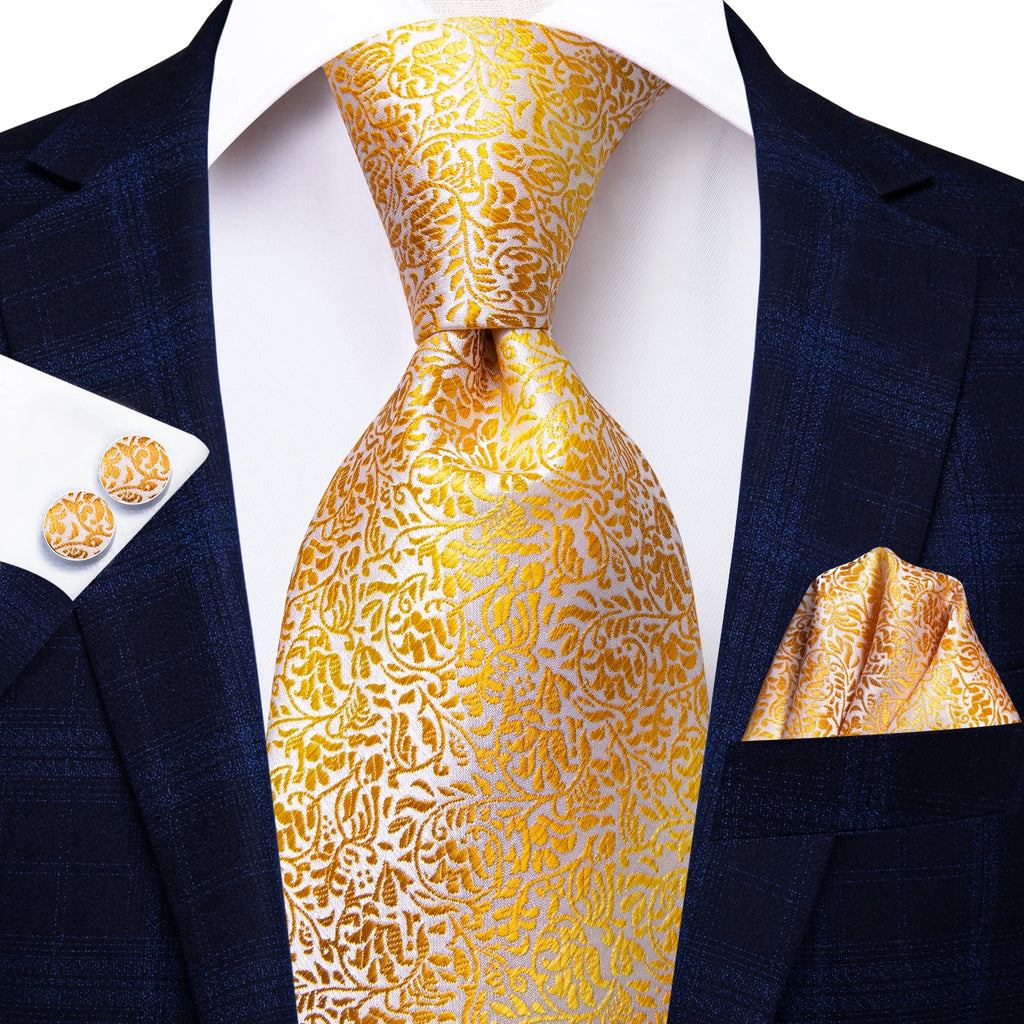 Designer Gold Solid Wedding Tie Men Handky Cufflink Striped Plaid Qme SN-3164