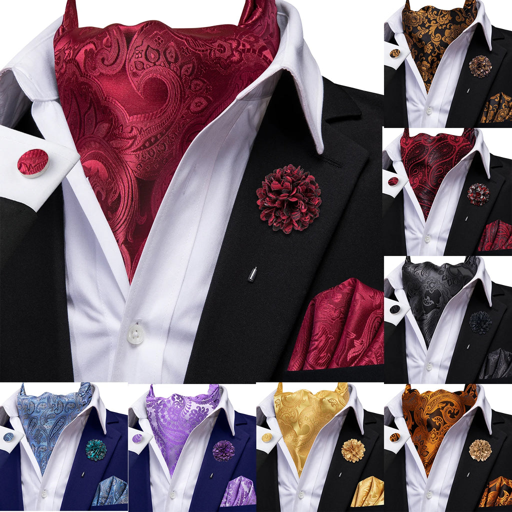 Hi-tie Mens Ascot Brooch Black Blue Red Gold Purple Paisley Cravat Qme
