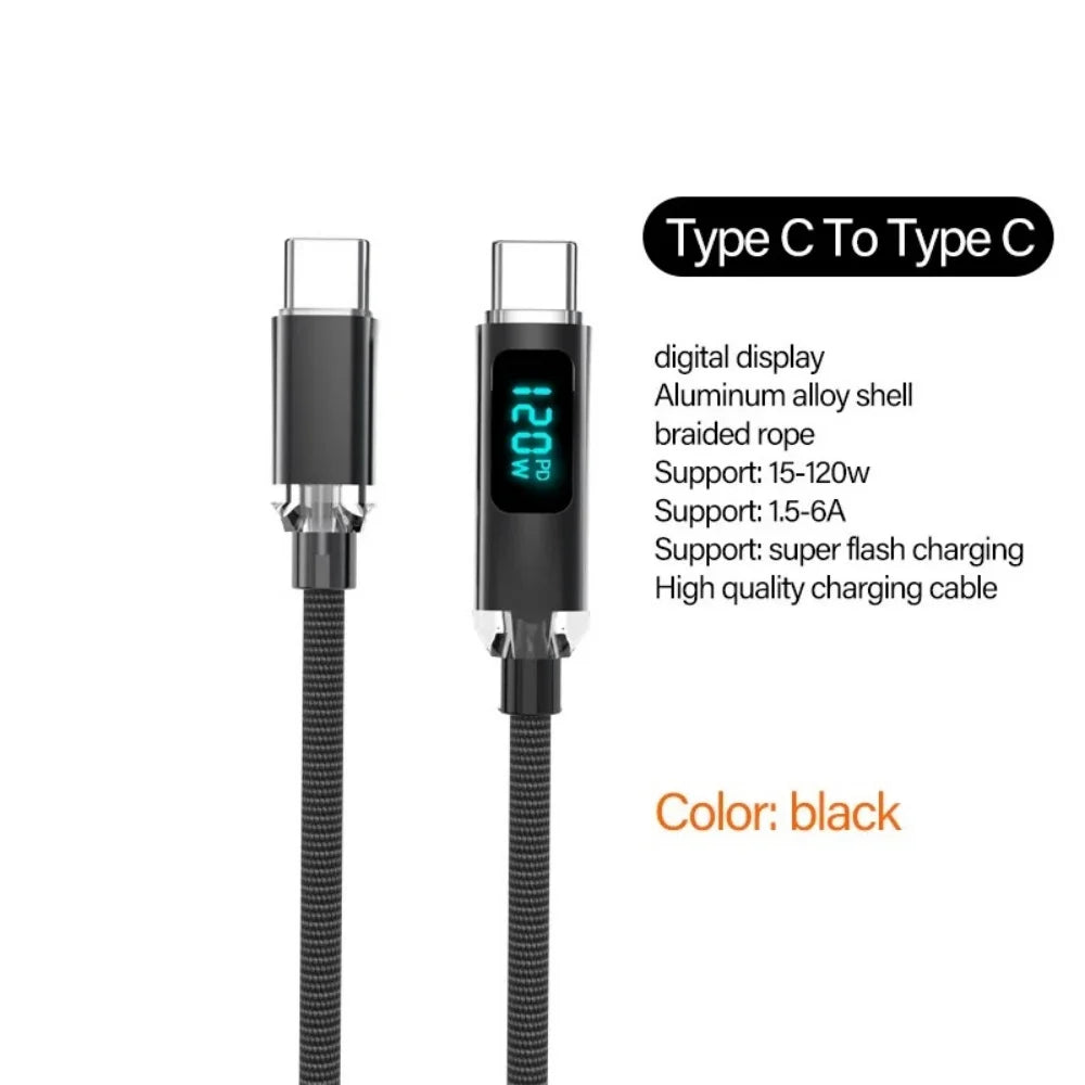 120W Digital Display USB Type C Fast Charging Wire Nylon Braided Dual USB-C Data Cable PD Quick Charge for IPhone 16 Pro Samsung Qme black 1m